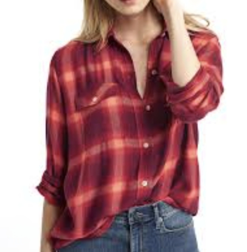 Pendleton x Gap Red And Orange Boyfriend Long Sleeve Button Down Plaid Shirt